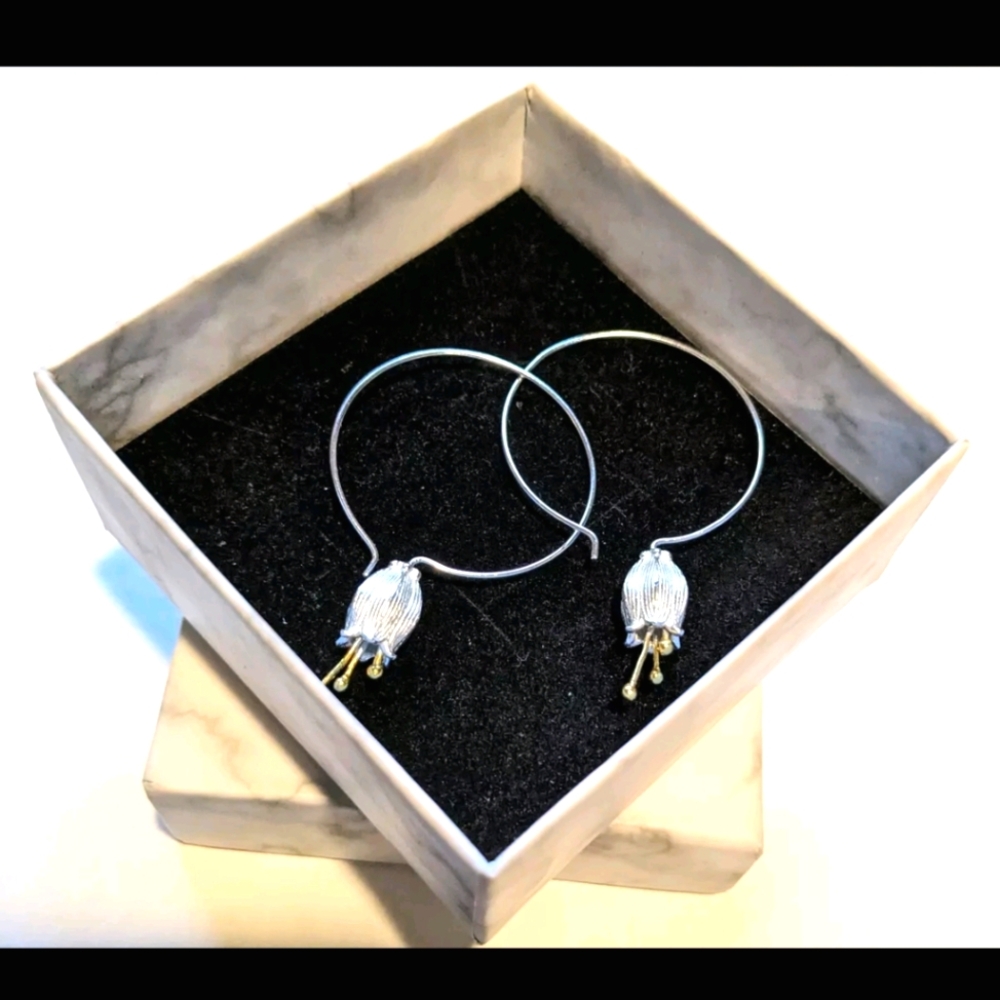 Milan Handmade Bell Flower Hoop Drop Earrings 925 Silver